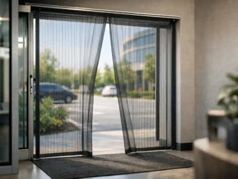 Mesh doorway screen in a commercial building entrance
