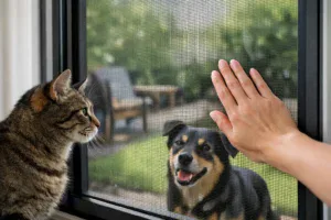 Choosing the Right Pet Resistant Fly Screen Cat and dog behind a pet-resistant fly screen