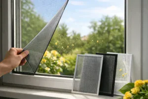 Pollen Screen for Windows: What to Choose Hand lifting a pollen screen at a window with mesh samples on the sill