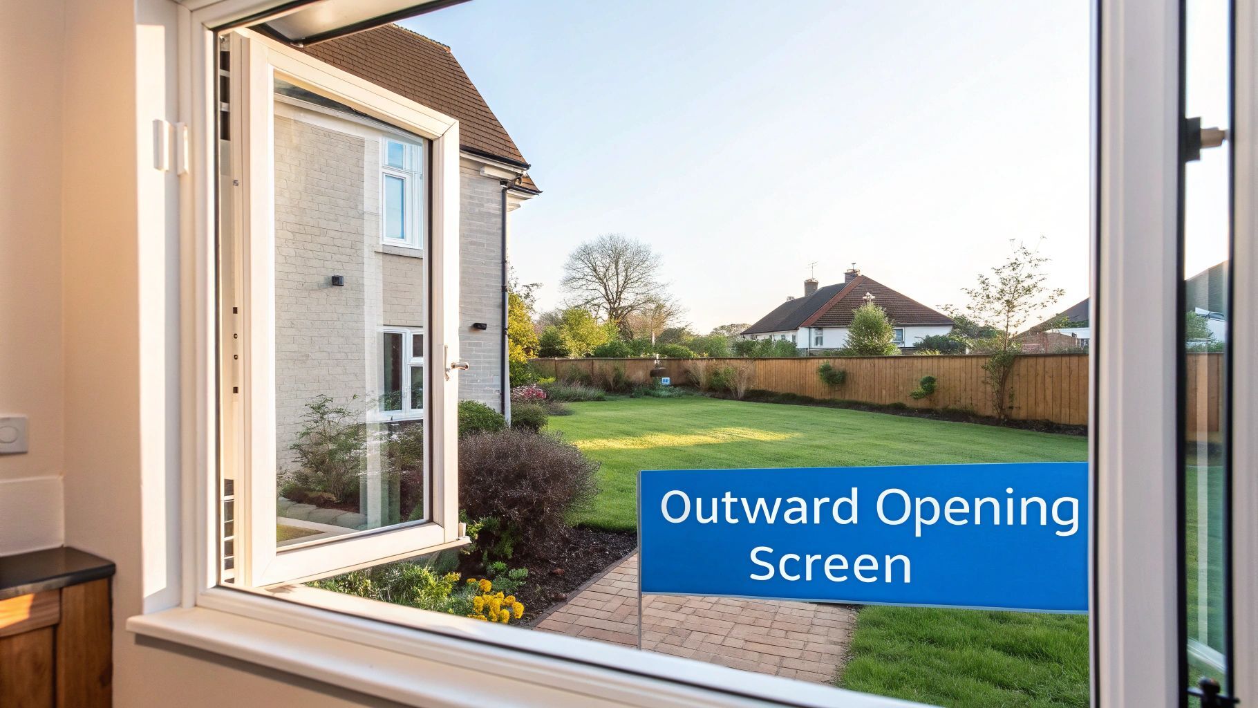 An open window frames a view of a lush green garden, distant houses, and an 'Outward Opening Screen' sign.