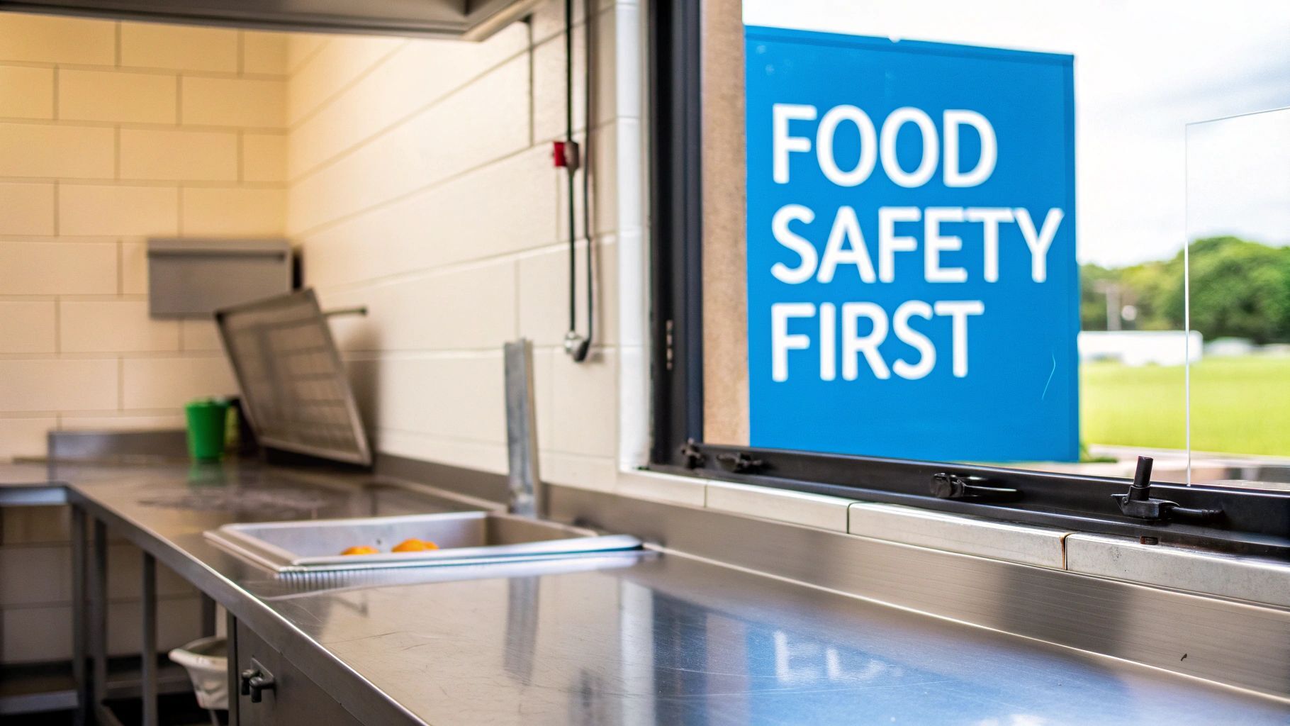 A clean commercial kitchen with stainless steel counters, a sink, and a 'FOOD SAFETY FIRST' sign visible through the window.