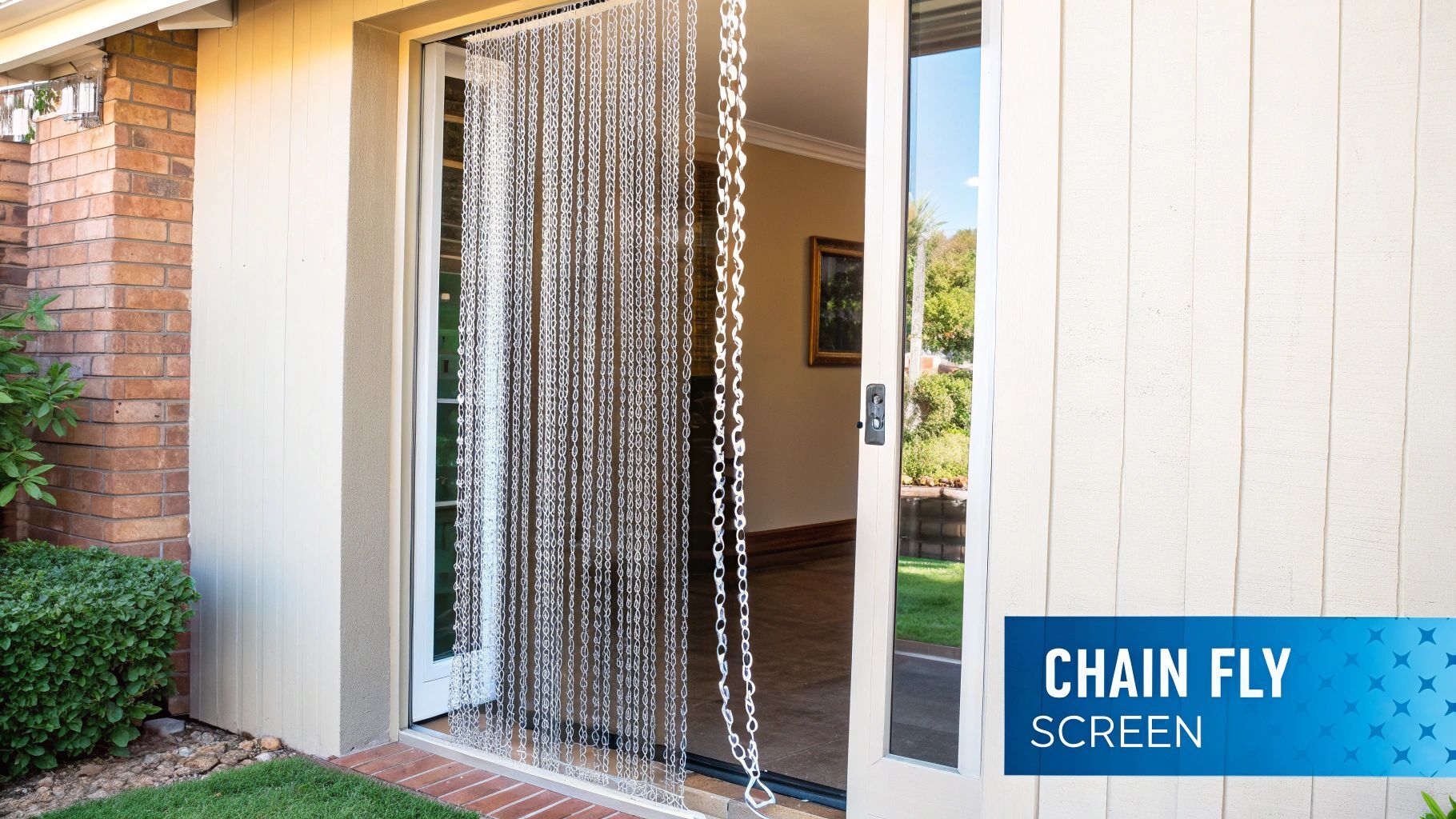 A modern chain fly screen covers a patio doorway, connecting an indoor living space with an outdoor garden.