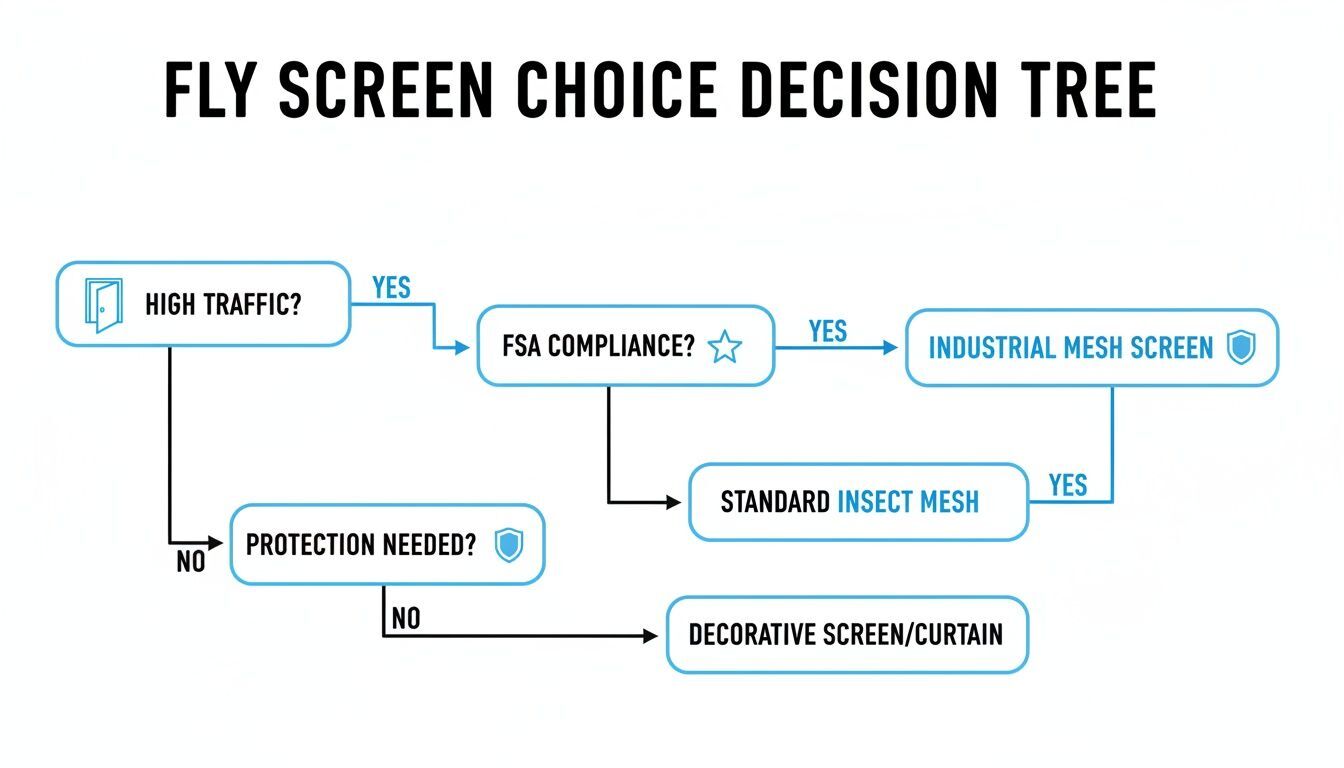 A decision tree flowchart guides users through choosing a fly screen based on high traffic, FSA compliance, and protection needs.