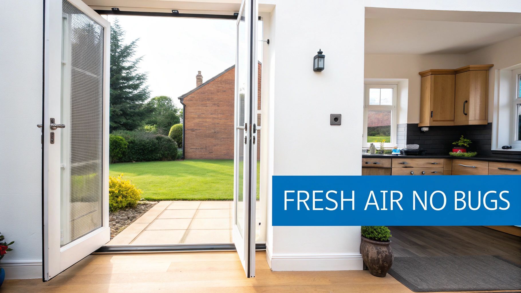 An open double door with fly screens connects a bright kitchen to a sunny garden, allowing fresh air.