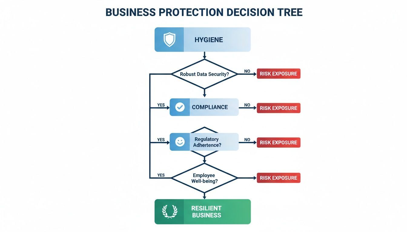A business protection decision tree flowchart illustrating steps from hygiene to a resilient business.