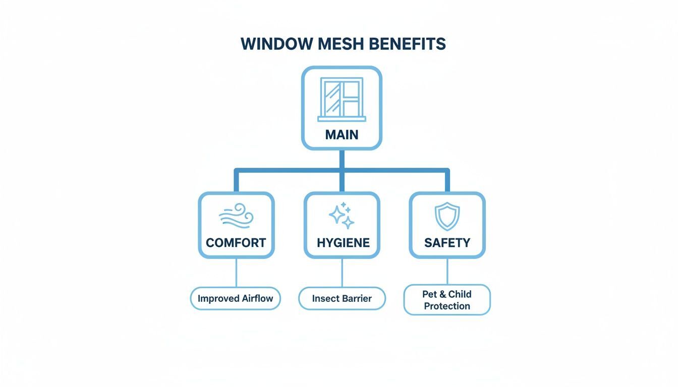 Diagram illustrating window mesh benefits, including improved airflow, insect barrier, and pet and child protection.
