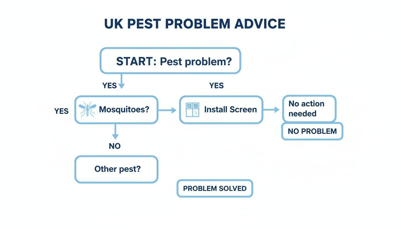 A flowchart titled 'UK PEST PROBLEM ADVICE' detailing solutions for pest issues, recommending screens for mosquitoes.