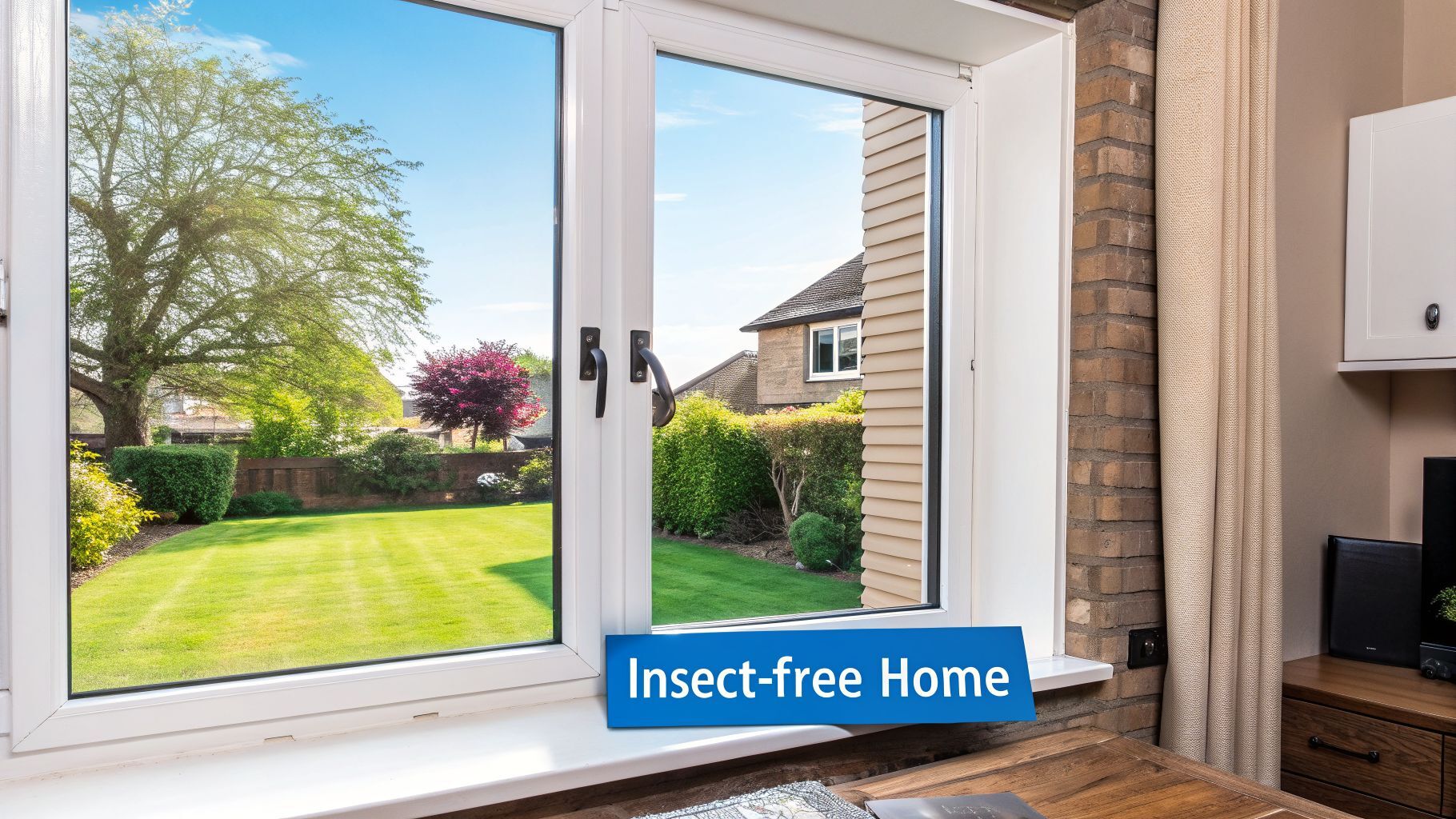 A modern white window with black handles showcasing a lush green garden and distant house, labeled "Insect-free Home".