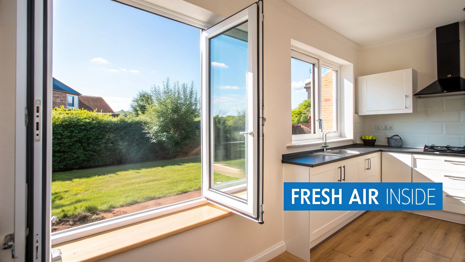 A bright kitchen with white cabinets and an open patio door leading to a sunny garden.