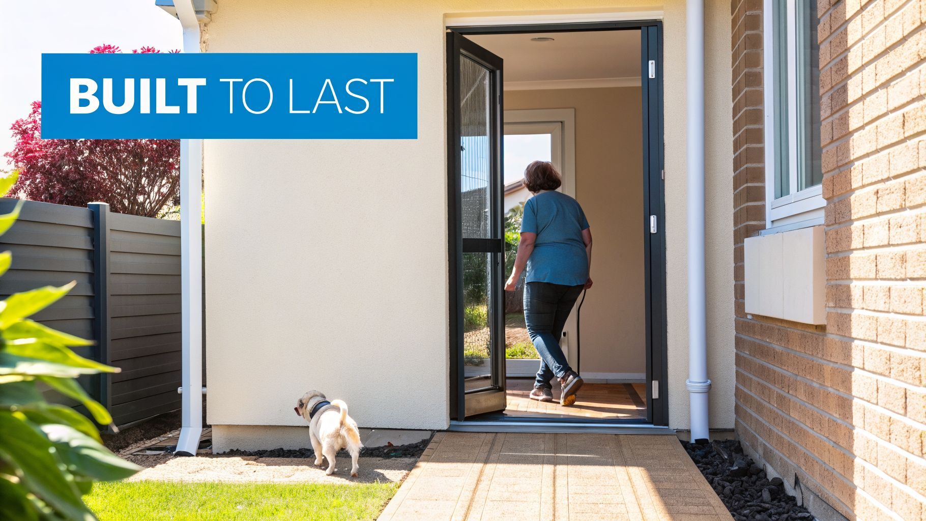 A woman enters a home through a heavy-duty black screen door, with a pug dog waiting outside.