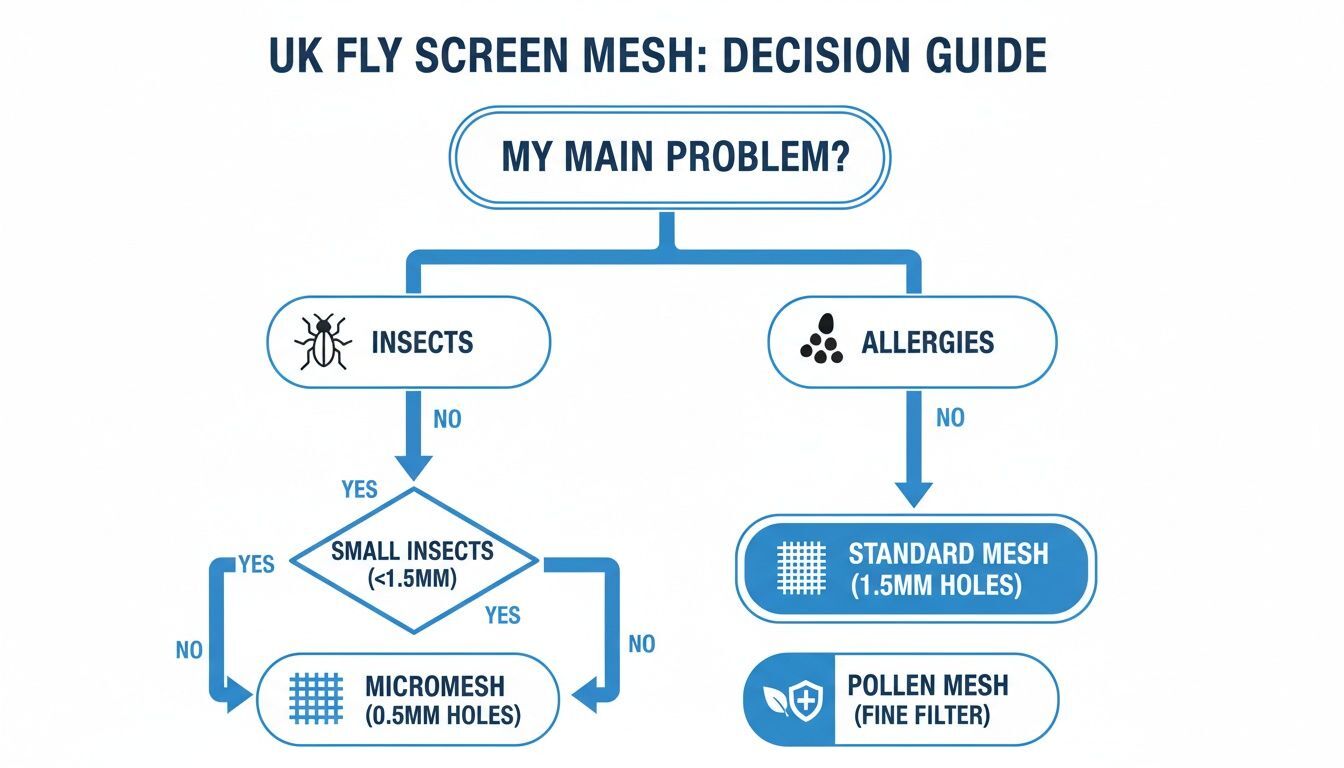 UK fly screen mesh decision guide flowchart for choosing mesh based on insects or allergies.