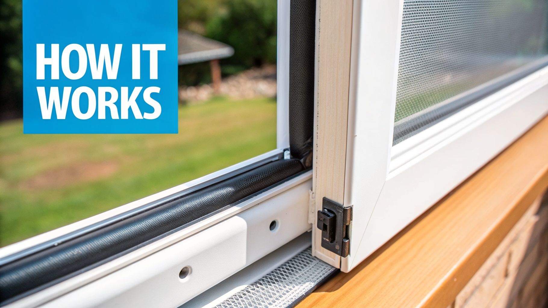 A close-up of a white window frame featuring a black roller fly screen with 'HOW IT WORKS' text.