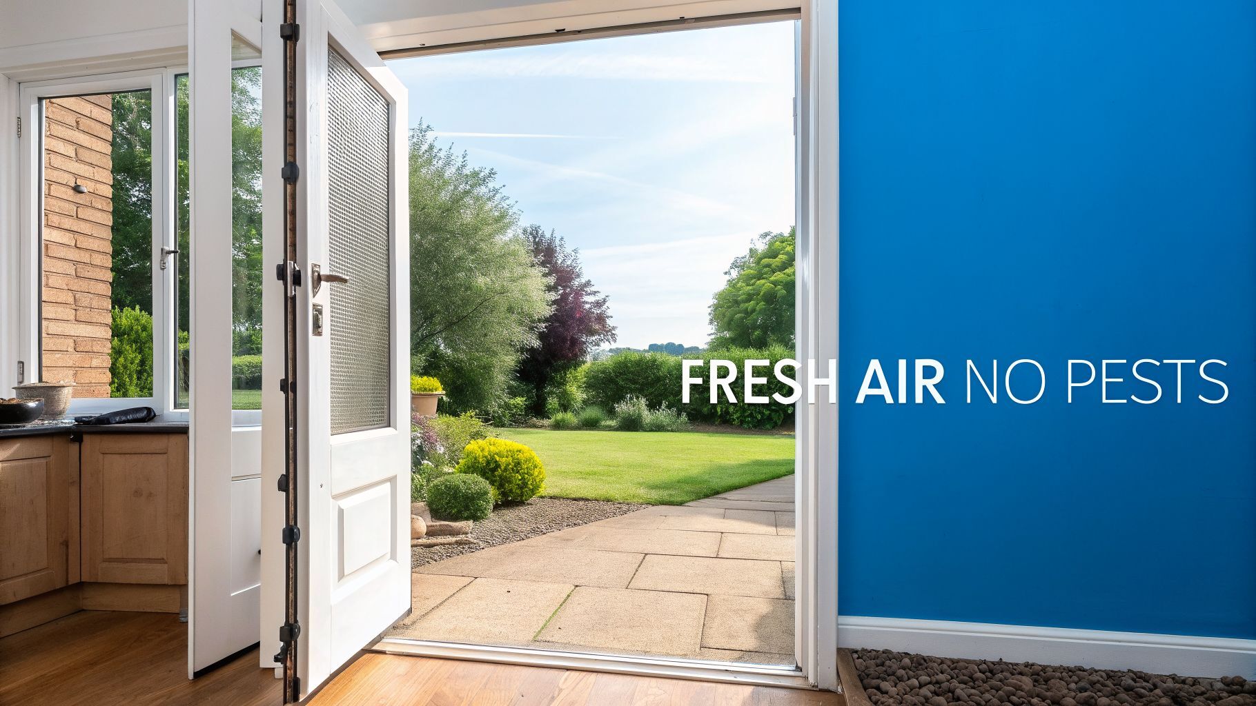 Open double doors with fly screens to a sunny garden, featuring 'Fresh Air No Pests' text on a blue wall.