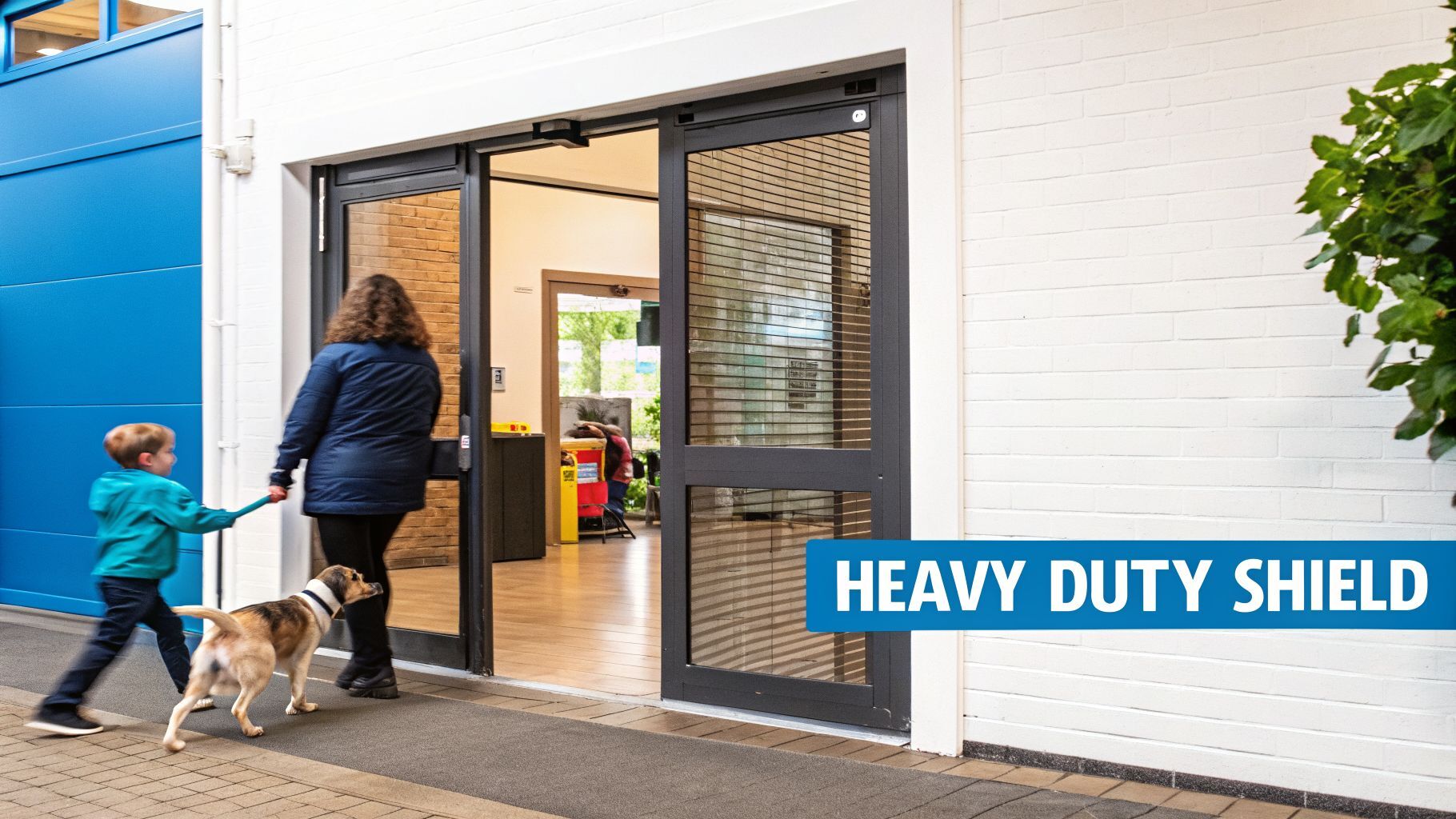 A family with a child and a dog entering a building through heavy-duty automatic sliding doors.