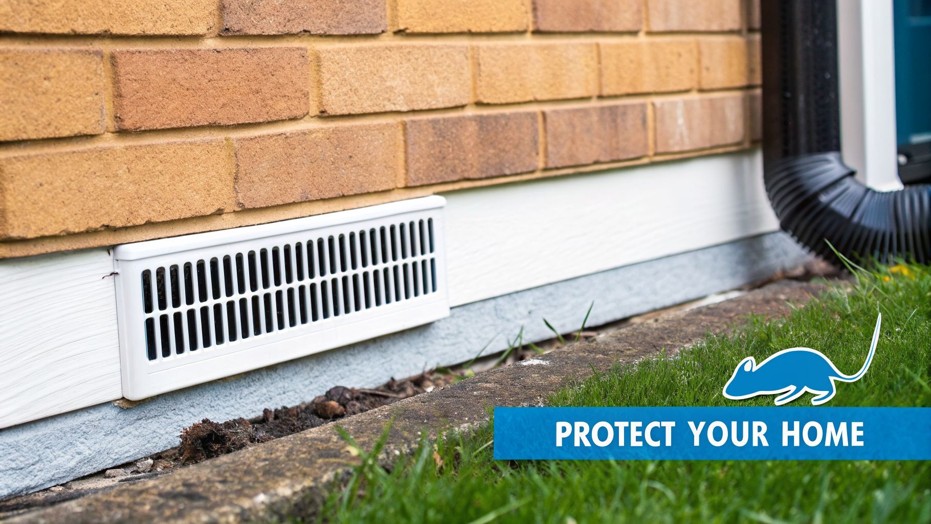 A white air brick ventilation cover on a house foundation, with a brick wall, grass, and a downspout.