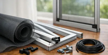 Fly mesh roll, spline and aluminium frame kit parts laid out on a table