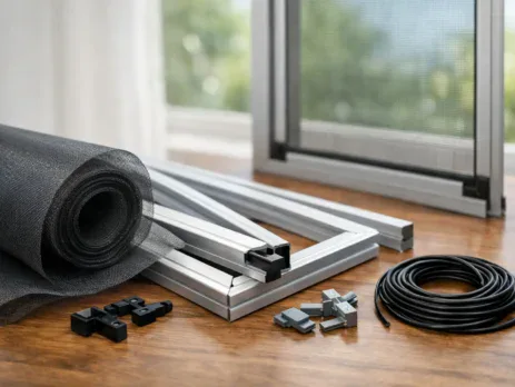 Fly mesh roll, spline and aluminium frame kit parts laid out on a table