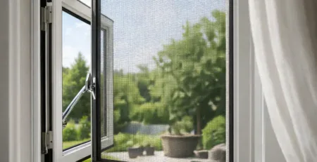 Open casement window with a bespoke insect screen