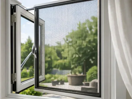 Open casement window with a bespoke insect screen