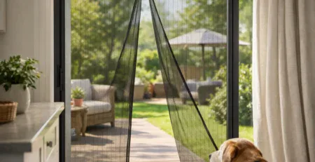 Magnetic mesh fly screen on a back door with a dog looking out
