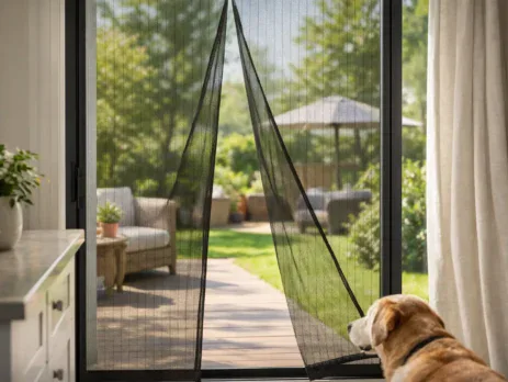 Magnetic mesh fly screen on a back door with a dog looking out