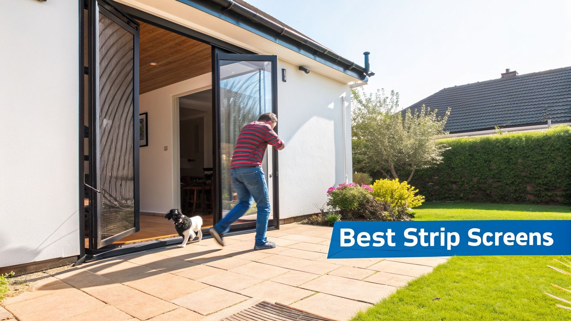 A man and a small dog enter a modern house through open insect screen patio doors to a garden.