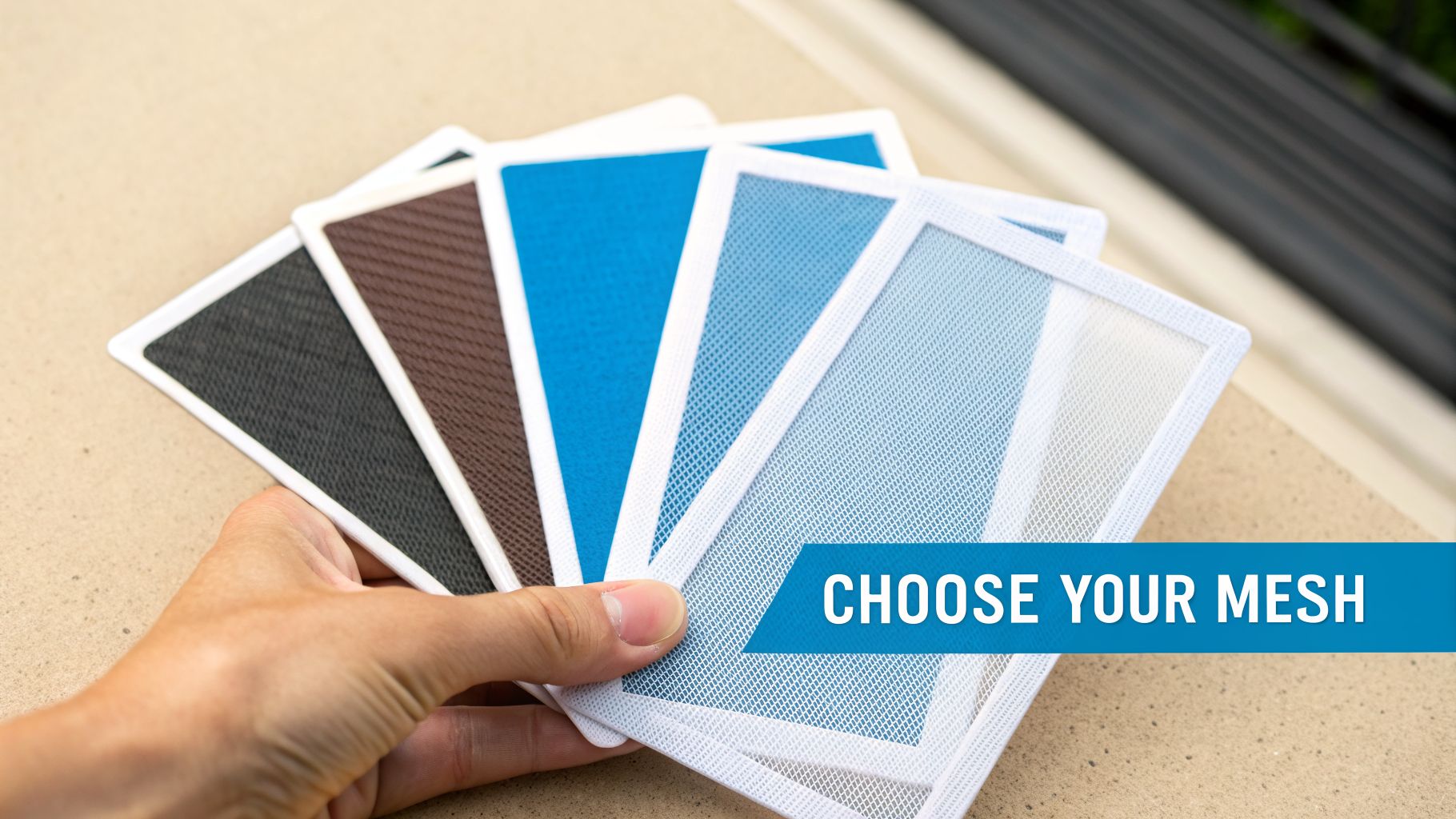 A hand holds a fan of mesh samples in various colors, including black, brown, blue, and white.