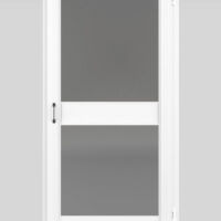 White hinged fly screen door White hinged fly screen door with mid rail and fine mesh panels