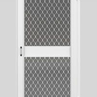 Hinged door with security grille White hinged fly screen door with diamond pattern security grille