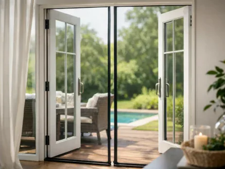 French doors open to a garden with custom fly screens