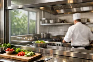 Choosing Food Prep Area Fly Screens Chef preparing food behind a window fly screen in a commercial kitchen