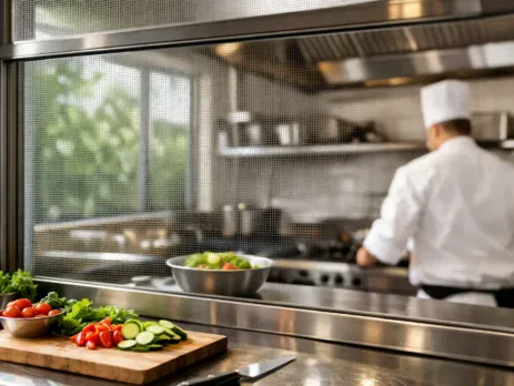 Chef preparing food behind a window fly screen in a commercial kitchen