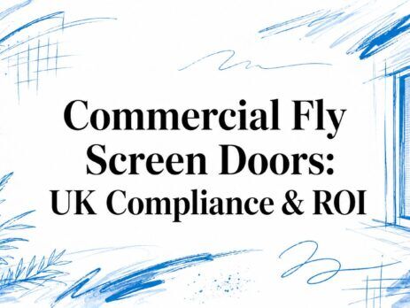 Illustrated title card: Commercial Fly Screen Doors - UK Compliance and ROI