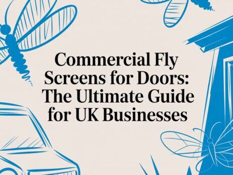 Illustrated title card: Commercial Fly Screens for Doors - The Ultimate Guide for UK Businesses
