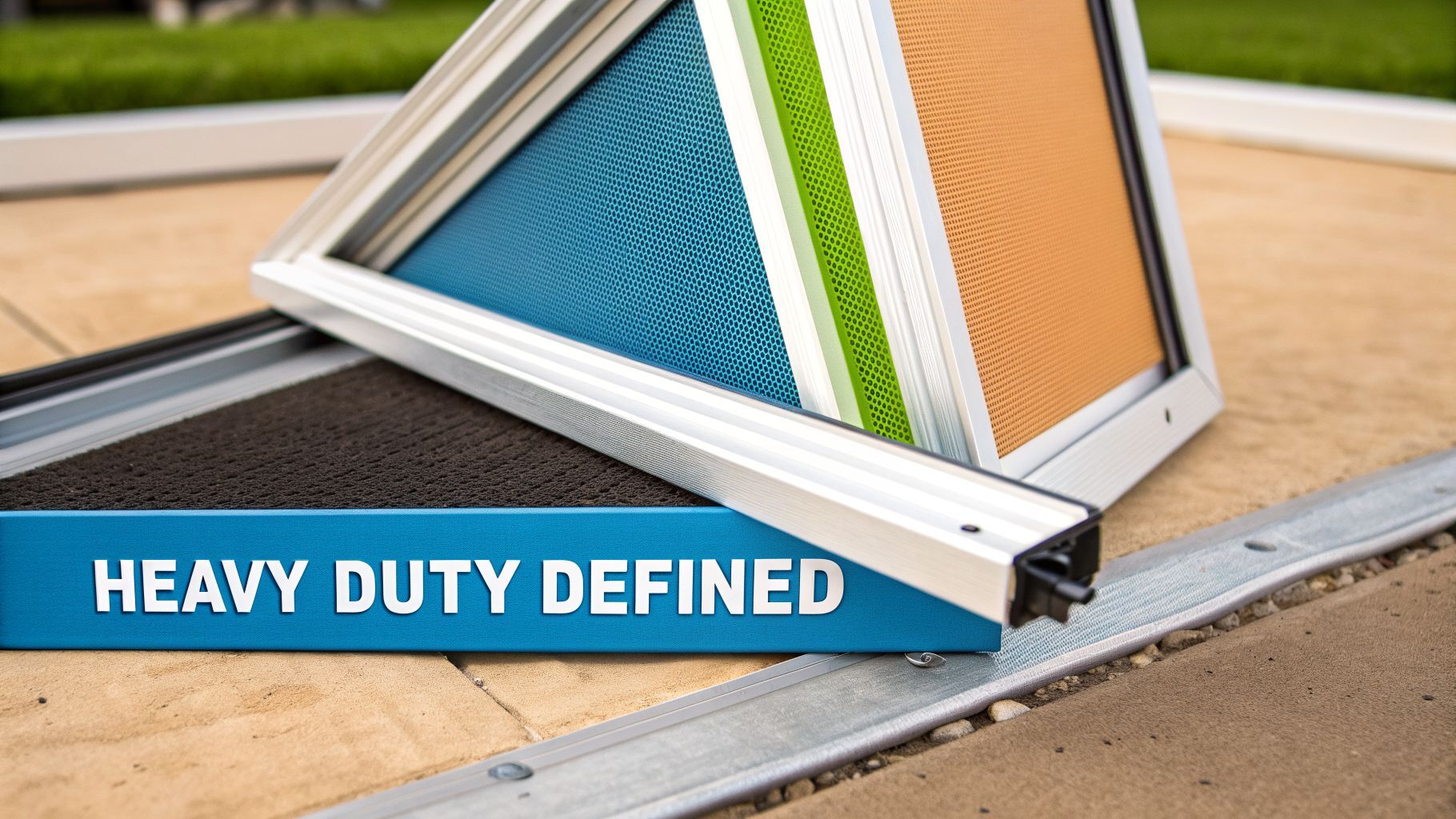 Close-up of heavy-duty fly screen samples in various colors, showcasing durable aluminum frames and mesh.