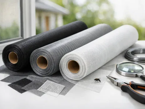 Rolls of black, grey and white fly mesh with fitting tools