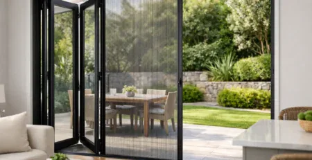 Bifold doors folded open with a fly screen across the opening