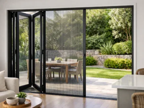 Bifold doors folded open with a fly screen across the opening