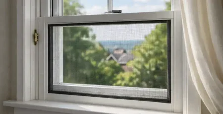 White sash window with a fly screen, open to a garden view