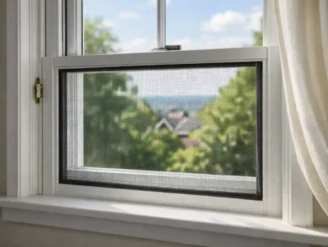 White sash window with a fly screen, open to a garden view