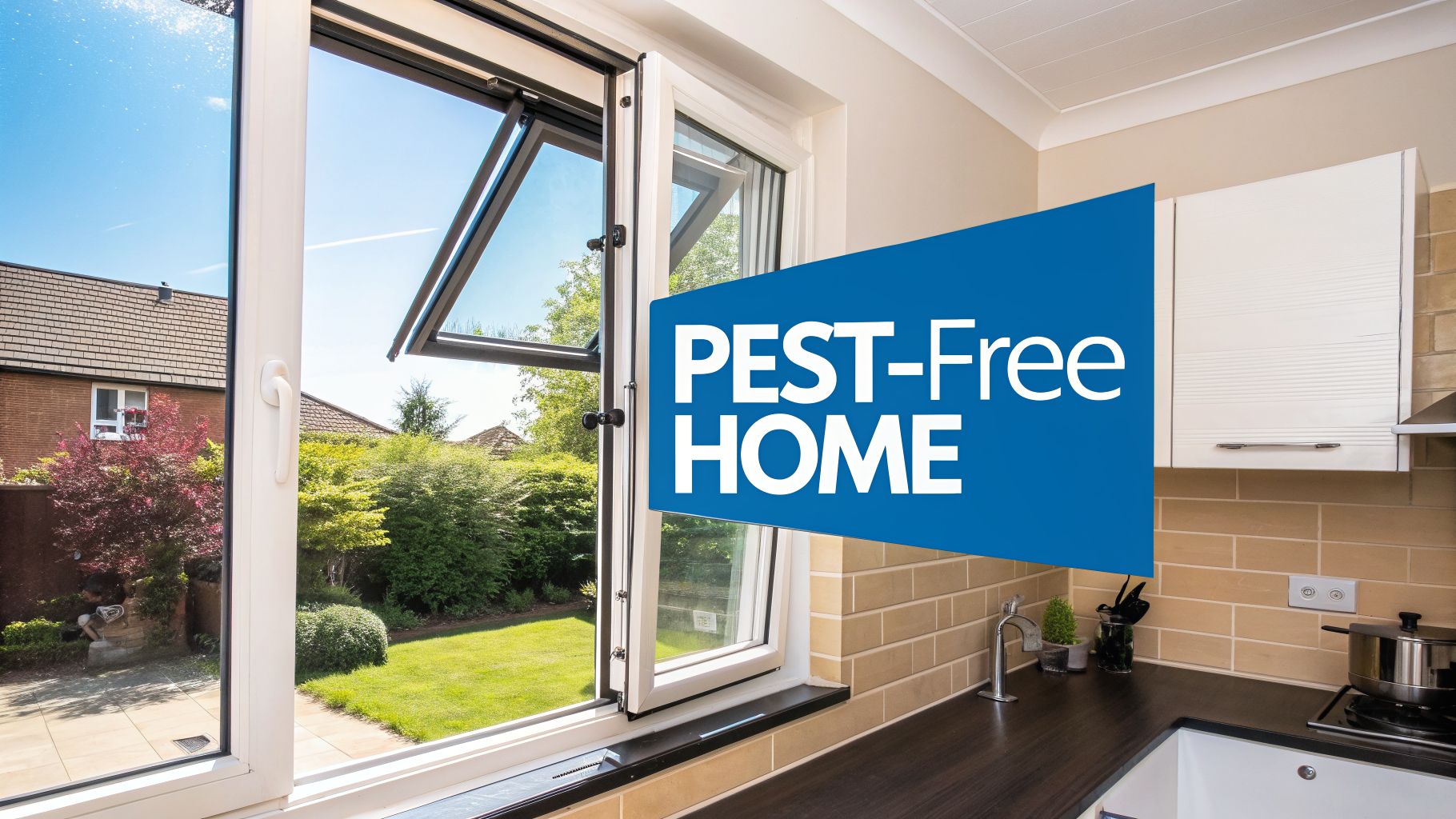 A bright kitchen with an open window showing a sunny garden, featuring a 'PEST-Free HOME' overlay.