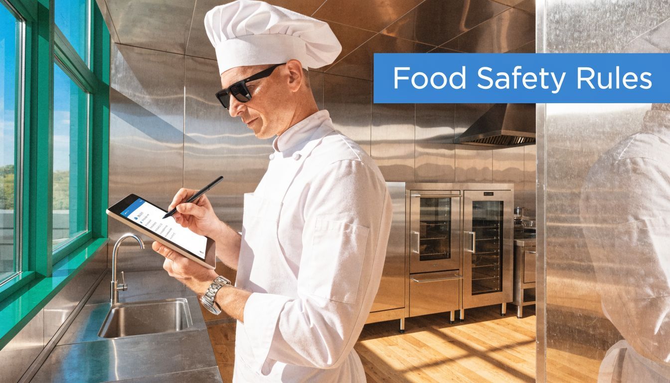 A professional chef wearing a white uniform and sunglasses checks digital food safety rules on a tablet.