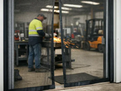 Heavy duty fly screen across a busy workshop doorway