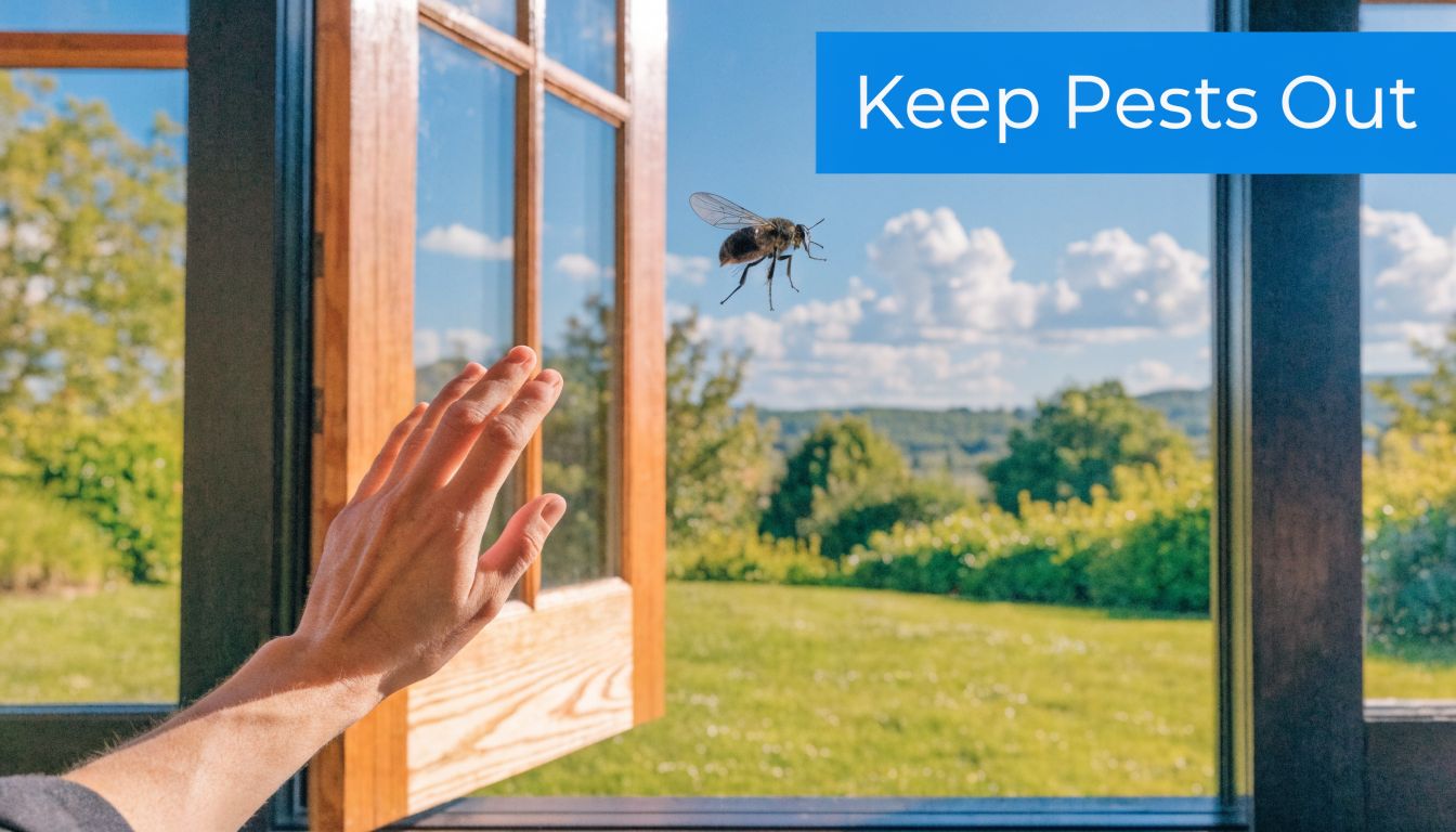 A person gesturing toward an open window while a flying insect enters their home.