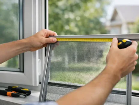 Hands measuring a window for a fly screen with a tape measure