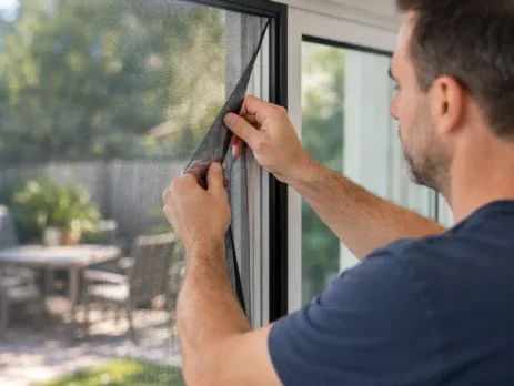 Man fitting a fly screen to a door frame