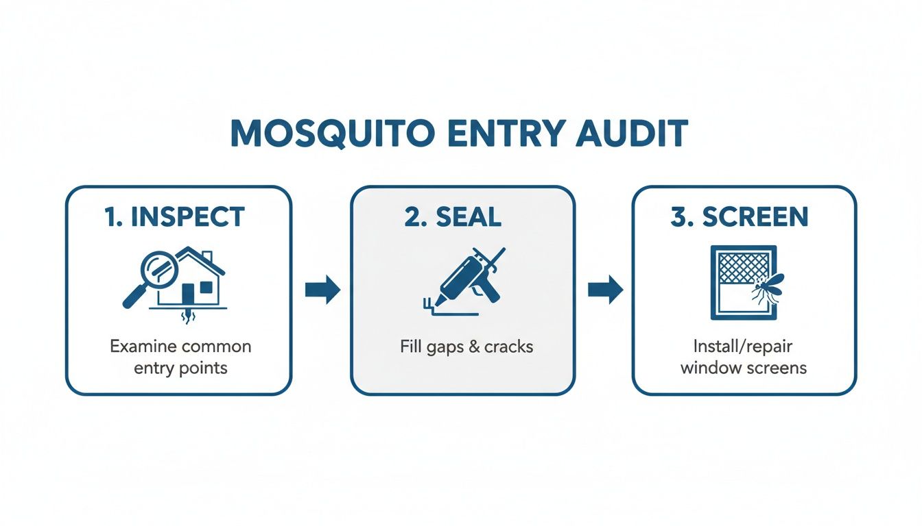 Infographic showing three steps to prevent mosquitoes: Inspect, Seal, and Screen your home.