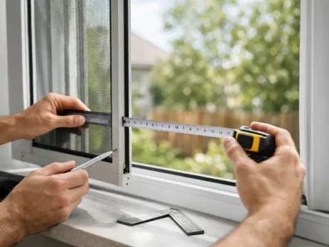 Hands measuring a window frame with a tape measure
