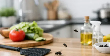 Flies on a kitchen worktop beside fresh vegetables and a fly swatter