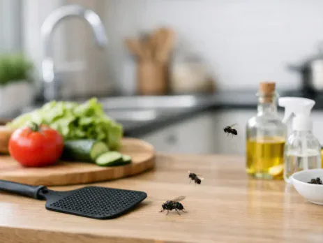 Flies on a kitchen worktop beside fresh vegetables and a fly swatter
